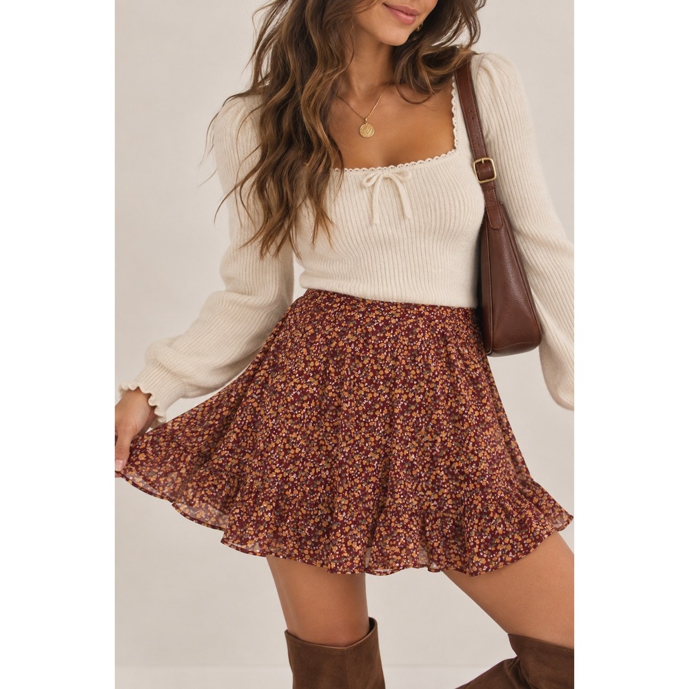 Burgundy Dutsy Floral Ruffle Hem Mini Skirt High Waisted Boho Chiffon Skater